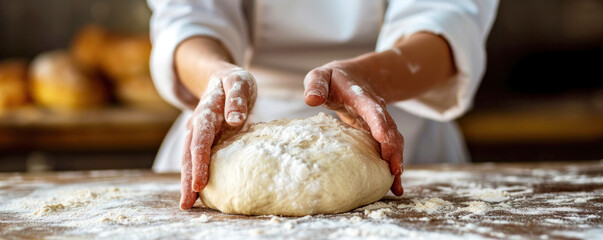 A baker kneads dough on a floured surface, preparing it for baking fresh bread. Hands-focused, bakery atmosphere, culinary craftsmanship at work. Banner with copy space. - obrazy, fototapety, plakaty