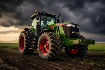 Green tractor in field, farm. Concept of agriculture, agricultural machine, farming, industry, transportation, harvest
