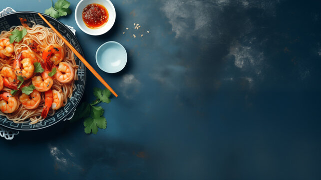 Asian dish in a bowl, shrimp noodles, set of chopsticks, on an indigo background.
