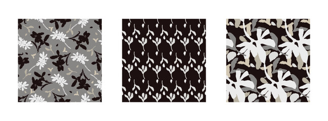 Masculine vector floral pattern with organic botanical shapes. Modern bold black white flower print, design in neutral scandi style.