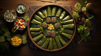 A colorful tray of stuffed grape leaves, a popular appetizer during Ramadhan meals