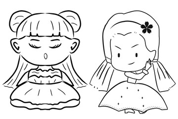 Character drawing of two cute and mischievous girls.
