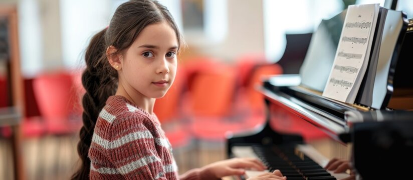 Young student learning piano in a music class.