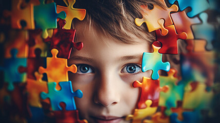 portrait of a child  face and color puzzle. world autism awareness day or month concept. - obrazy, fototapety, plakaty
