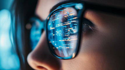 close up eye with glasses, coding reflective glasses, programmer use AI to help with work in office