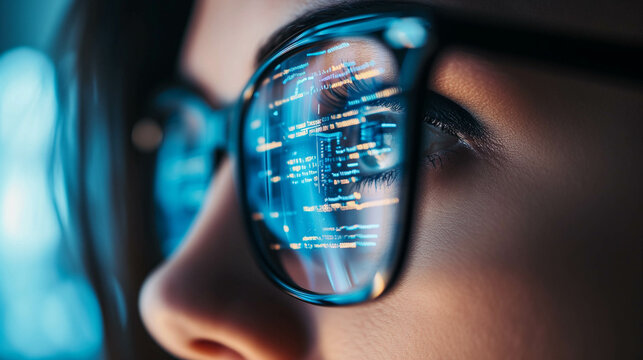 close up eye with glasses, coding reflective glasses, programmer use AI to help with work in office