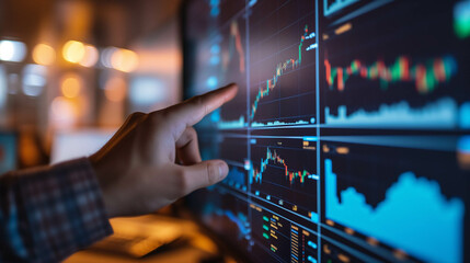 The hand of a businessman or investor pointing at a computer screen, screen with stock market chart analysis or research information for trading and investing - obrazy, fototapety, plakaty