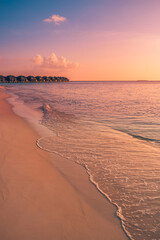 Sunset Maldives island tourism, luxury water villas wooden pier path resort. Beautiful sky ocean...