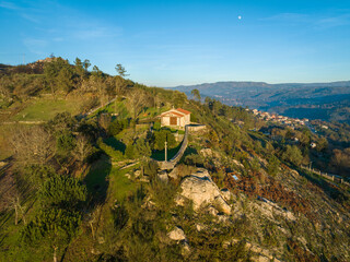 Aerial view of the chapel of San Marcos da Costa, on a hilltop north of the city of Ourense in Galicia, Spain. - 714069280