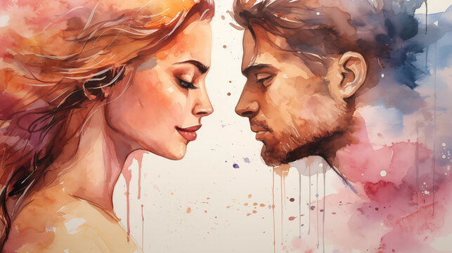 Romantic couple of man and woman reaching out for a kiss, painted with watercolor paints.