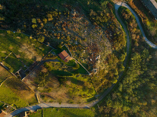 Aerial view of the chapel of San Marcos da Costa, on a hilltop north of the city of Ourense in Galicia, Spain. - 714069424
