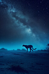 night on the African savanna a solitary animal strolls under a vast starry sky. AI generative - obrazy, fototapety, plakaty