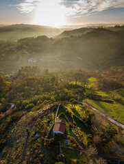Aerial view of the chapel of San Marcos da Costa, on a hilltop north of the city of Ourense in Galicia, Spain. - 714069498