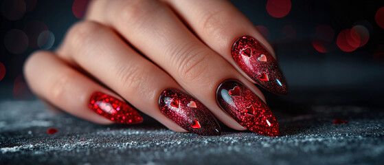 Woman's nails with beautiful red manicure with Valentine's Day design. AI generated - obrazy, fototapety, plakaty