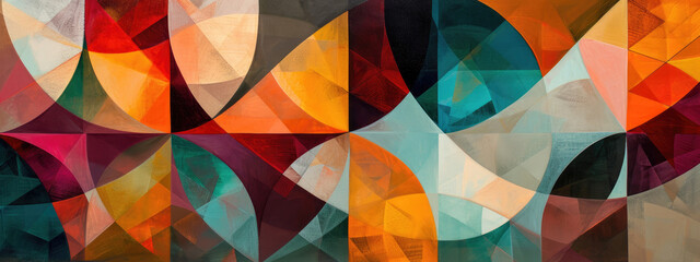 Abstract geometric pattern background on the canvas combines triangular, circular and square shapes in a harmonious composition