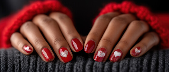 Black woman's nails with beautiful red manicure with Valentine's Day design. AI generated