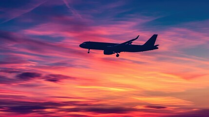 Sunset Flight- Silhouette of a Plane Against a Stunning and Colorful Sky