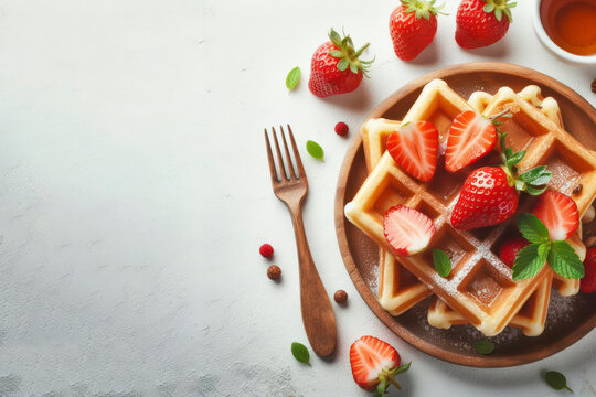 Belgian waffles with fresh strawberry isolated on white background, copy space. ai generative