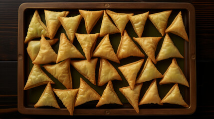 A tray of golden and flaky samosas, a must-have dish for Ramadan gatherings
