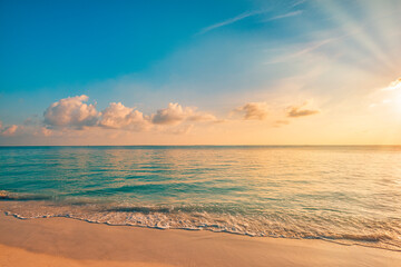 Closeup sea sand beach. Peaceful beach landscape. Inspire tropical seascape waves horizon. Colorful...