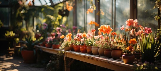 A vibrant array of potted houseplants sit nestled in a sunlit greenhouse, each one carefully placed...