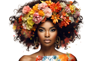 african woman portrait with flowers in her hair isolated on transparent background