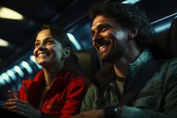 A couple's joyful road trip is captured in a candid moment as they share a smile, their human faces framed by the interior of their car, showcasing their individual styles through their clothing choi