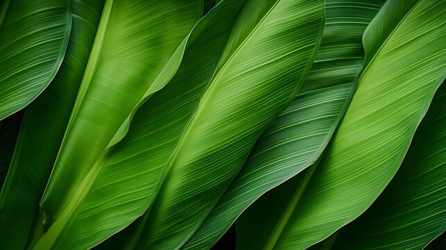 Banana leaves background. Lush young banana tree leaf. Rainforest, ecology, nature, background. Wide format
