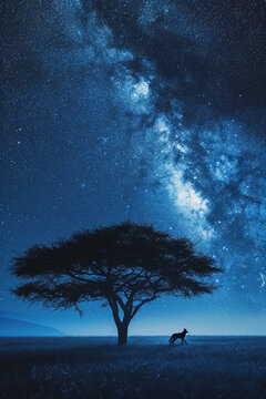 night on the African savanna a solitary animal strolls under a vast starry sky. AI generative