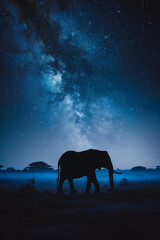 night on the African savanna a solitary animal strolls under a vast starry sky. AI generative - obrazy, fototapety, plakaty
