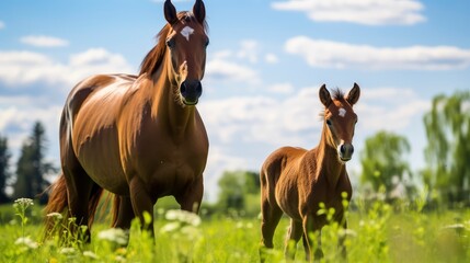 Mother Horse and Foal Grazing Together in Open Field