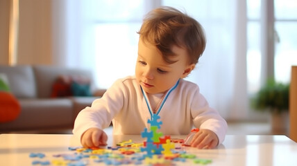 Child play colorful puzzle. world autism awareness day or month concept.