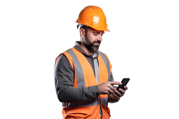 worker man in helmet browsing on mobile phone isolated on transparent background