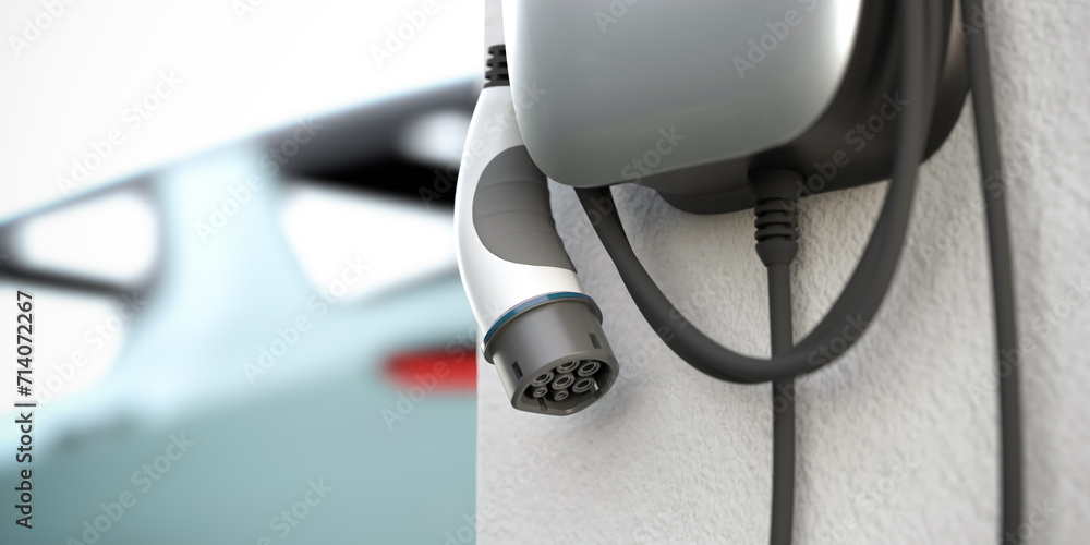 Sticker electric vehicle charging station (wallbox) with european type 2 iec 62196 plug hanging on a garage 