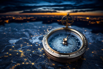 Compass on the background of the night city. 3D rendering - obrazy, fototapety, plakaty