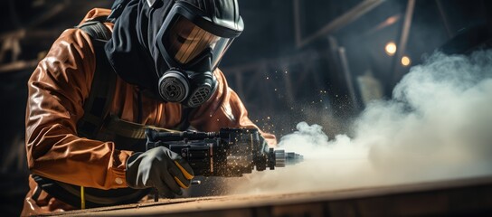 A determined firefighter dons their protective helmet and workwear, ready to tackle the smoke-filled outdoors with a drill in hand