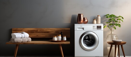 A modern laundry oasis, complete with a sleek washing machine and cozy wooden bench, nestled against a warm kitchen wall