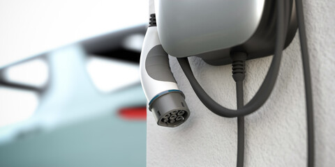 Electric vehicle charging station (wallbox) with European Type 2  IEC 62196 Plug hanging on a garage wall. Out of focus car in the background. - obrazy, fototapety, plakaty