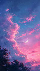 Fototapeta na wymiar A romantic and cozy landscape oil painting a backdrop of pink evening clouds by the gentle arc of a white crescent moon. AI generative