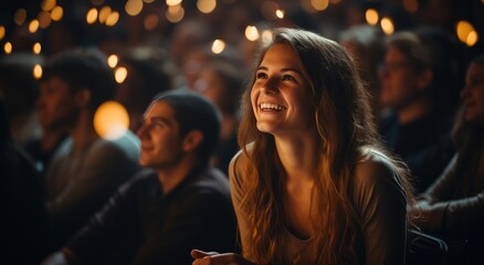 A woman's radiant smile lights up the dark room as she gazes up at her companion, dressed in elegant clothing and surrounded by the warm glow of a flickering candle - obrazy, fototapety, plakaty