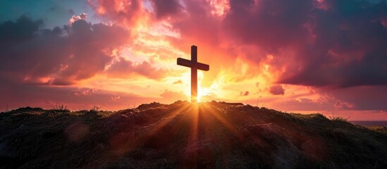 Fototapeta na wymiar The sunrise and Easter Cross create a powerful Easter photo, symbolizing Jesus' crucifixion and resurrection.