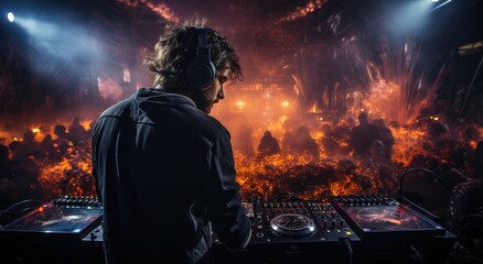 A passionate dj immerses himself in the rhythm of the concert, channeling his love for music through his headphones and expertly blending tracks on his mixer