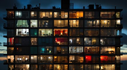 At night, a towering building's windows reflect the bustling city lights, showcasing the architectural beauty and grandeur of its outdoor surroundings
