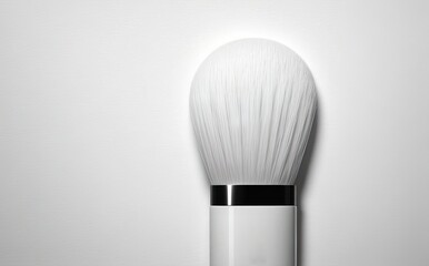 close-up of a makeup brush with a black and white handle, standing upright against a black and white background