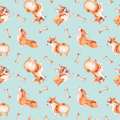 Watercolor background of corgi dogs with a bone. Seamless pattern. The illustration is hand-drawn. For designers, printing on fabric and wallpaper, template, clipart.