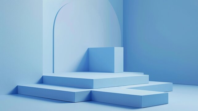 Display product abstract minimal scene with geometric podium platform. Background podium. stand for cosmetic products. Stage showcase on pedestal blue studio. Generative AI