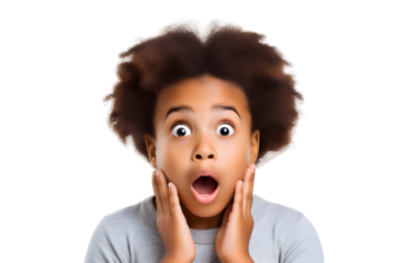 portrait with shocked face of an african child girl isolated on transparent background