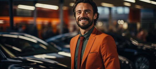 A joyful man in a vibrant orange suit stands confidently next to his sleek car, surrounded by bustling city streets and buildings - obrazy, fototapety, plakaty