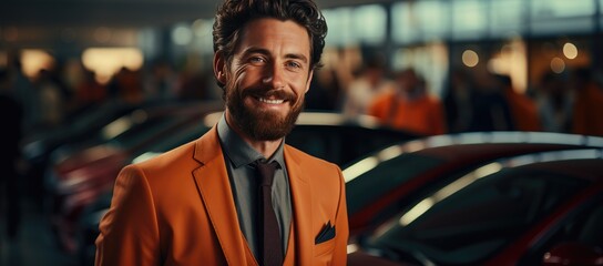 A stylish man in an orange suit stands confidently on the busy street, his neatly groomed beard adding to his impeccable appearance, as he leans against his sleek car with a determined look on his fa - obrazy, fototapety, plakaty