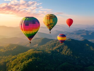 Generative AI. Colorful hot air balloons flying over mountain.